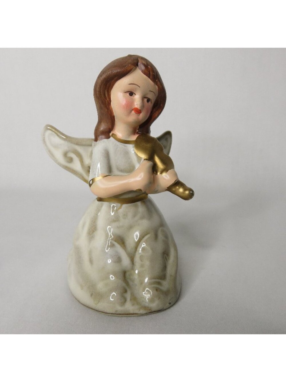 Pottery Christmas Angel with Violin Brown Haired Kneeling Girl